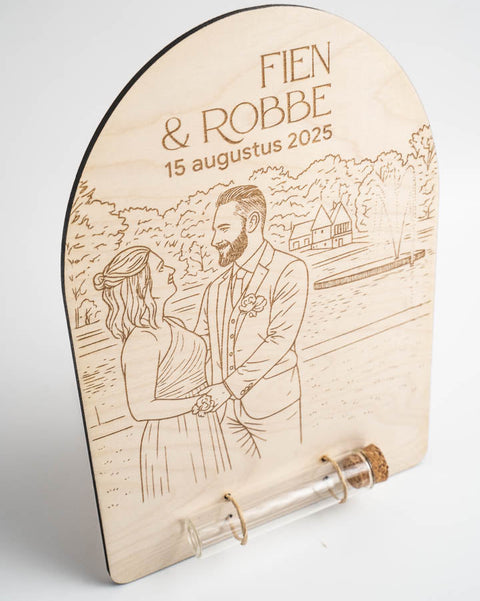 gepersonaliseerd houten bordje met lijntekening en proefbuishoudertje