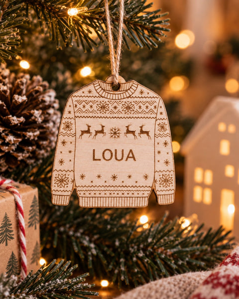 gepersonaliseerdeh houten kersttrui met naam voor in de kerstboom