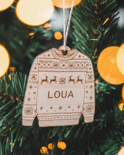 houten kersttrui met naam gegraveerd