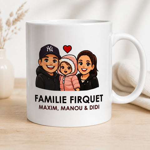 geperrsonaliseerde koffietas met foto van gezin gesublimeerd in cartoon stijl