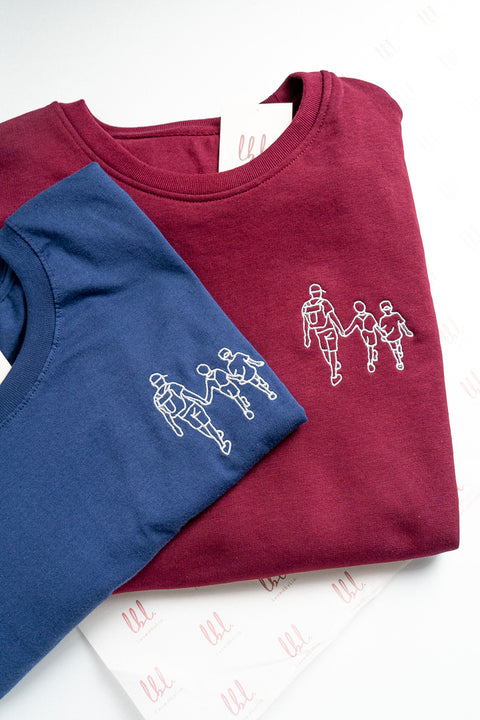 gepersonaliseerde tshirt en sweater met lijntekening geborduurd van familie