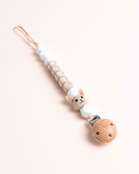 gepersonaliseerd speenkoordje met konijntje en witte/beige kralen