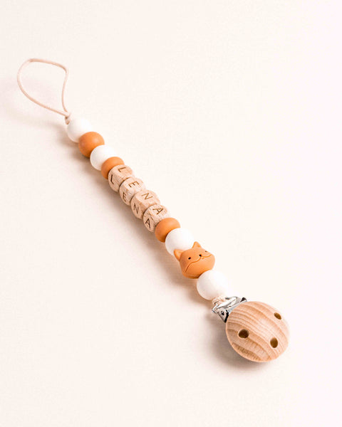 gepersonaliseerd speenkoordje met vosje en terracotta kralen