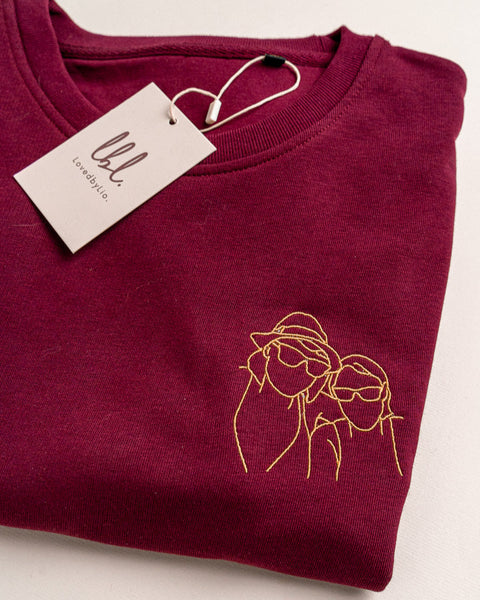 gepersonaliseerde sweater met lijntekening geborduurd van foto van 2 vriendinnen
