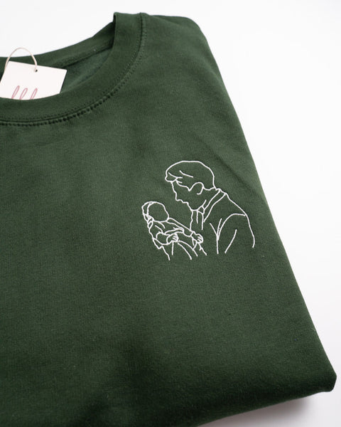 gepersonaliseerde groene sweater met lijntekening geborduurd die omgezet werd van een foto