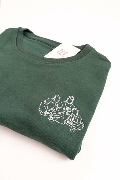 gepersonaliseerde sweater met lijntekening geborduurd van een familiefoto