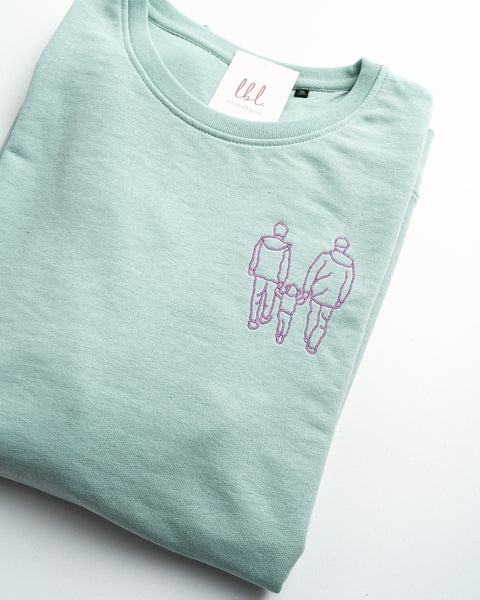 gepersonaliseerde sweater met lijntekening van foto geborduurd